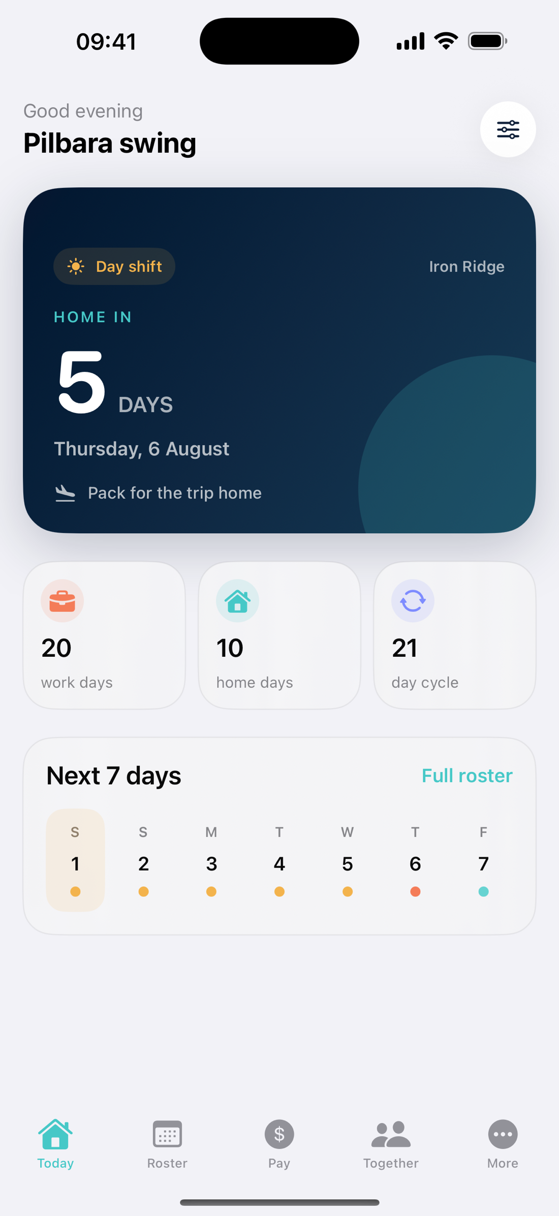 RosterArc showing a FIFO swing countdown